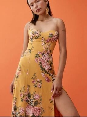 Reformation Juliette Yellow Pink Floral Sweetheart Neckline Slit Midi Dress 6